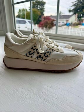 New Balance Women's Cream White Leopard Accent Platform Sneakers